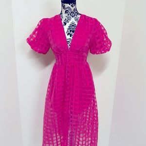 Puff sleeve V-neck, A-line hollow grid skirt, knee-high slip design